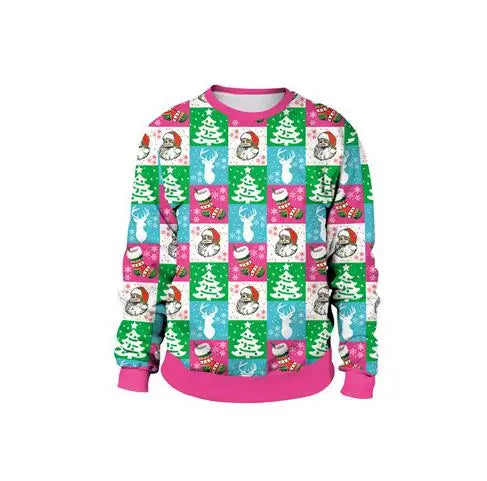Festive sweater with a colorful patchwork of Christmas trees, snowmen, reindeer, and holiday stockings in green, pink, blue, and red. Pink collar, cuffs, and hem.