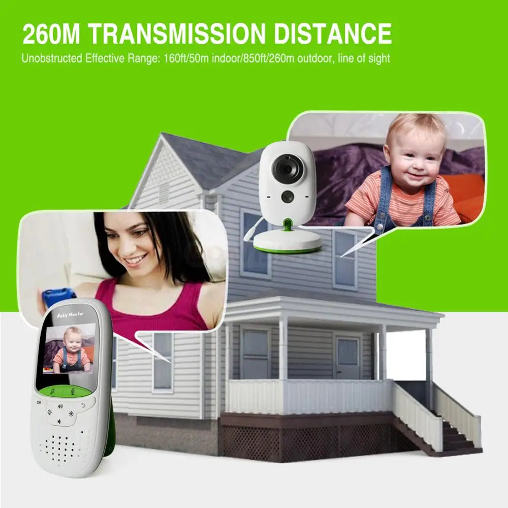 Baby monitor advertisement showing a detached house, a smiling woman looking at the monitor, a camera, and a baby. Text highlights a 260m transmission distance.
