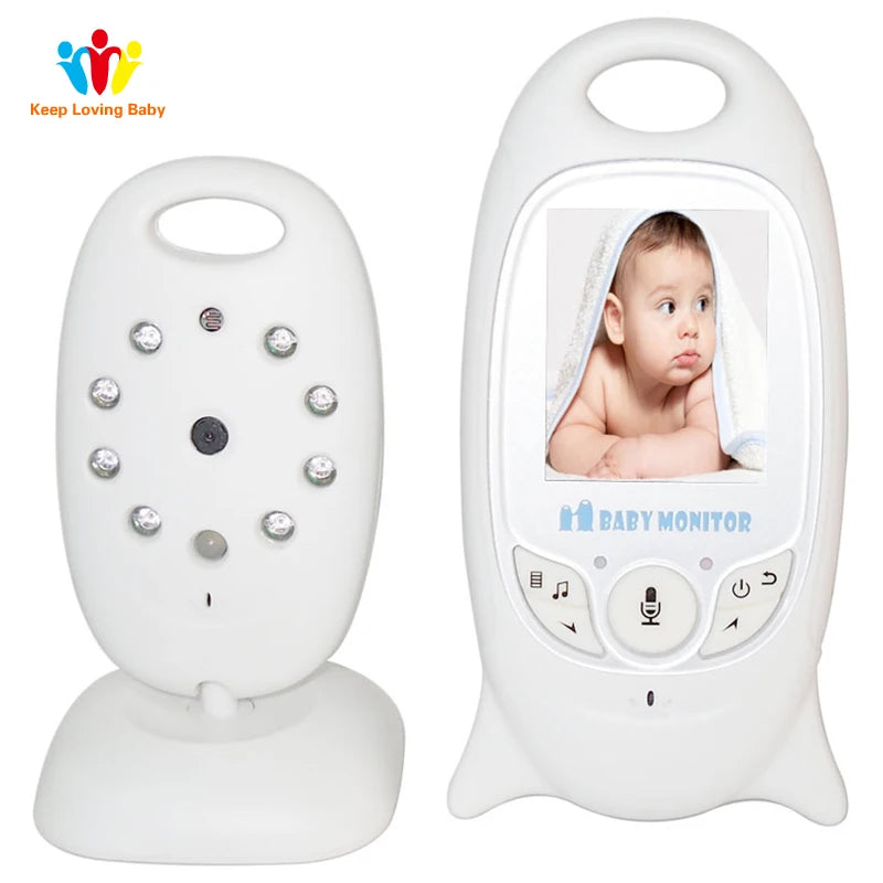 A dual baby monitor system with a camera unit on the left, featuring night vision lights, and a parent unit on the right displaying a photo of a baby wrapped in a towel.