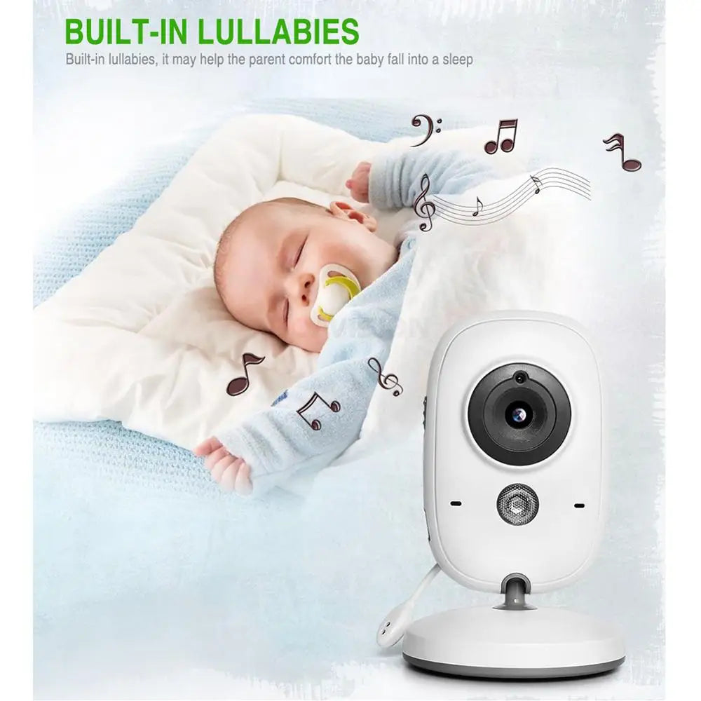 Baby sleeping peacefully with a pacifier, surrounded by musical notes. A white surveillance camera nearby, with text above reading "Built-In Lullabies."
