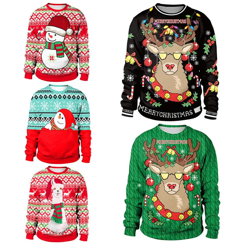 Five festive Christmas sweaters: snowmen, a llama, and reindeer with sunglasses. Patterns include snowflakes and candy canes on red, green, and black backgrounds.