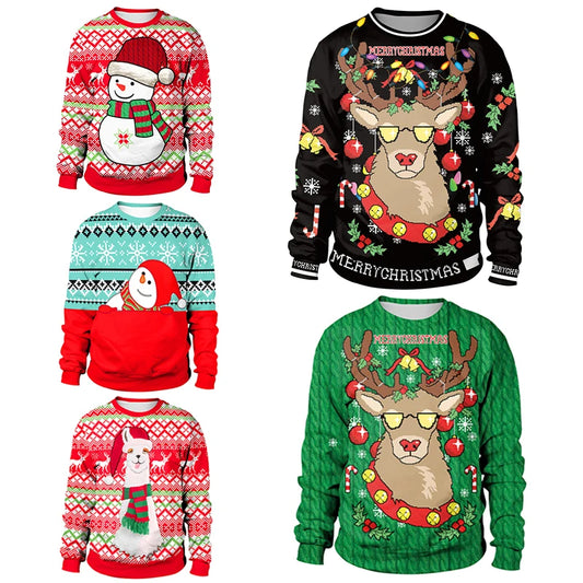 Five festive Christmas sweaters: snowmen, a llama, and reindeer with sunglasses. Patterns include snowflakes and candy canes on red, green, and black backgrounds.