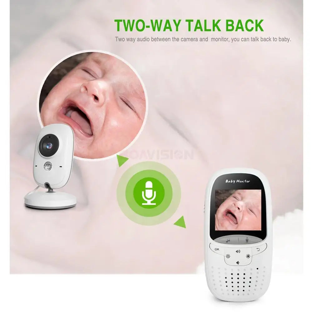 A baby monitor with a crying baby on the screen and camera. Text reads "TWO-WAY TALK BACK," highlighting the device's two-way audio feature for communication with the baby.