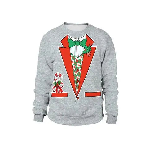 Gray sweater with a printed red tuxedo design, featuring a green bow tie, candy cane with a bow on the pocket, and festive patterns on the vest.