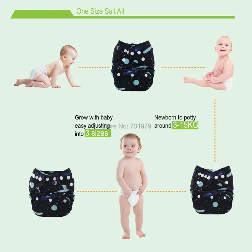 Infographic of a reusable diaper that adjusts to fit babies from 3-15kg and three sizes. Features two babies in diapers and three folded diapers on a light green background.