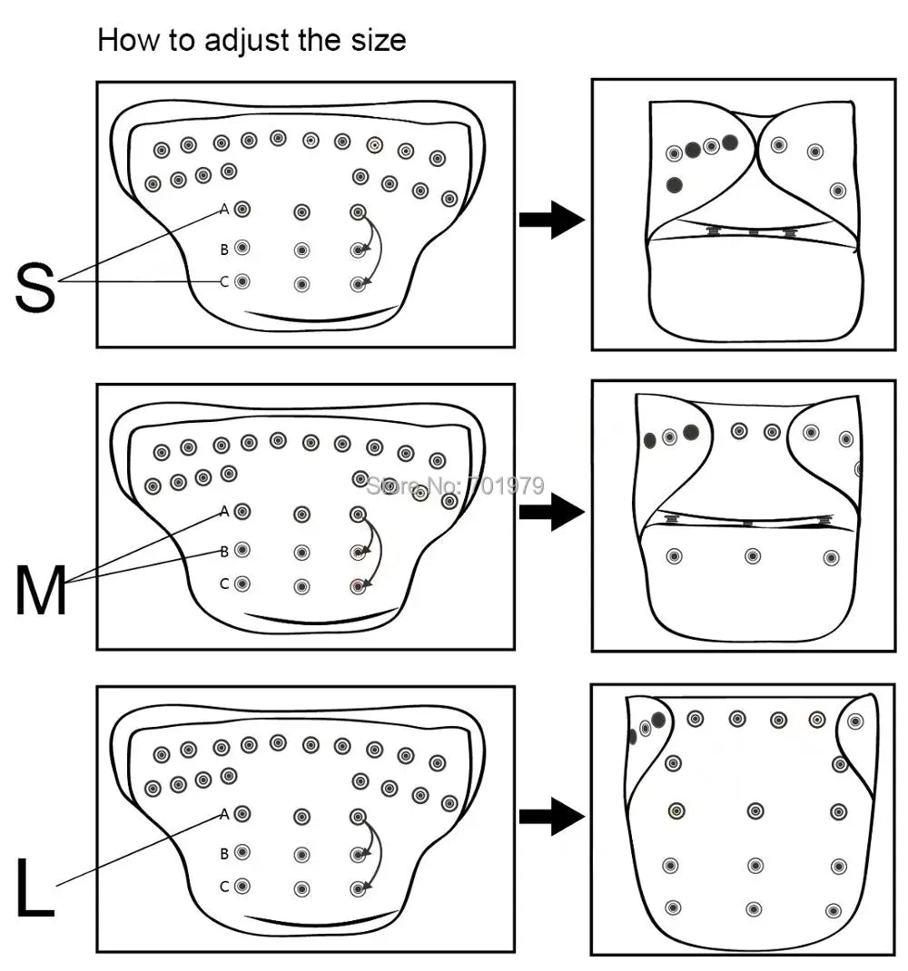 Diagram illustrating how to adjust a cloth diaper to small, medium, and large sizes using snap buttons. Each row shows button configurations for different sizes.