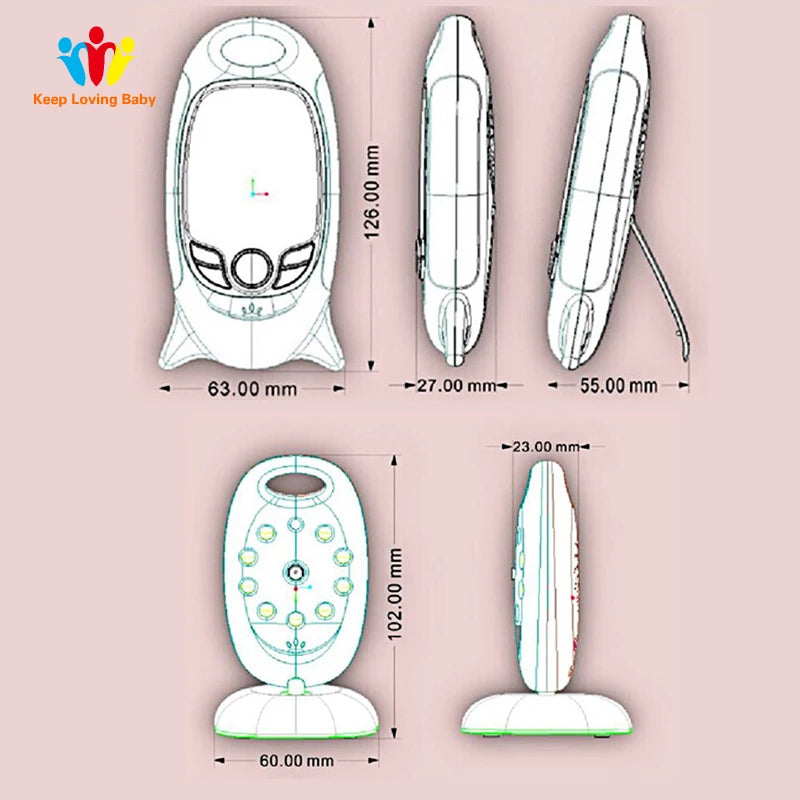 Technical drawing of a baby monitor with dimensions: 126x63 mm, 27 mm thickness. Front and side views shown, with circular elements and an adjustable stand on both units.