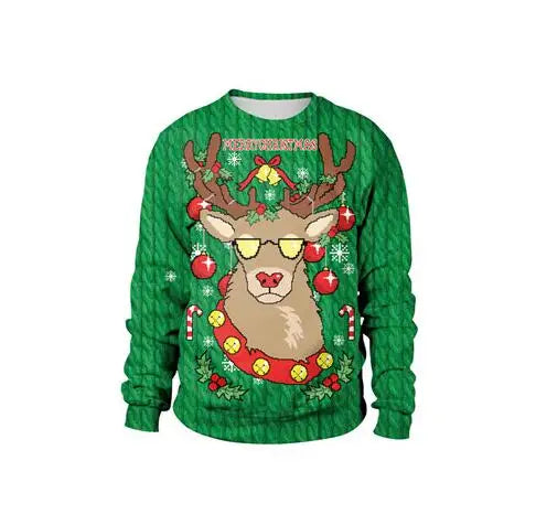 Green Christmas sweater featuring a reindeer with sunglasses, surrounded by ornaments, candy canes, and snowflakes. The text "Merry Christmas" is at the top.