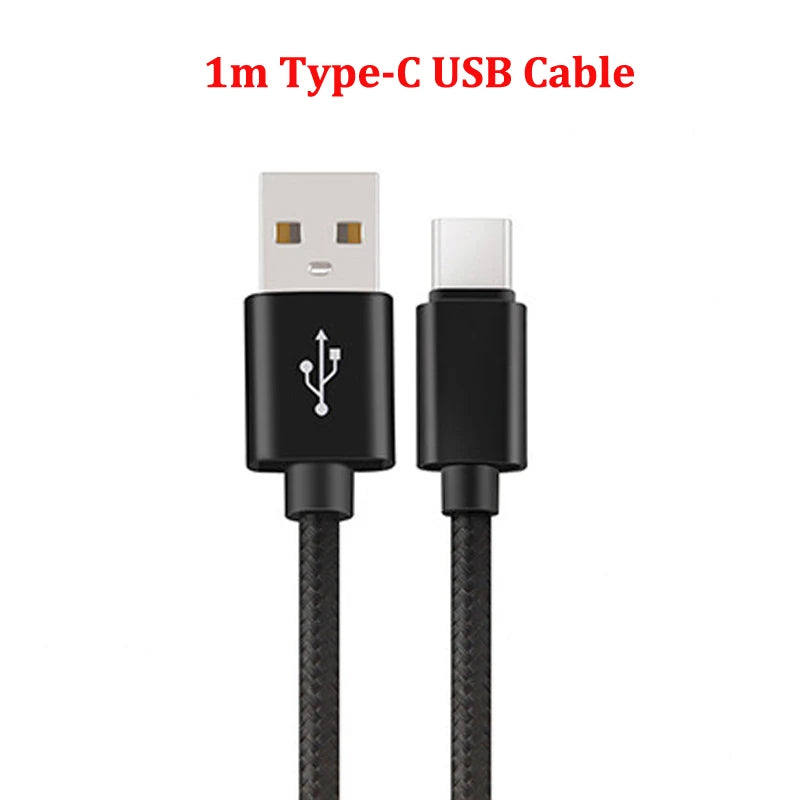 Black 1m Type-C USB cable with USB-A on one end and USB-C on the other, featuring a braided design for durability. Text above reads "1m Type-C USB Cable" in red.