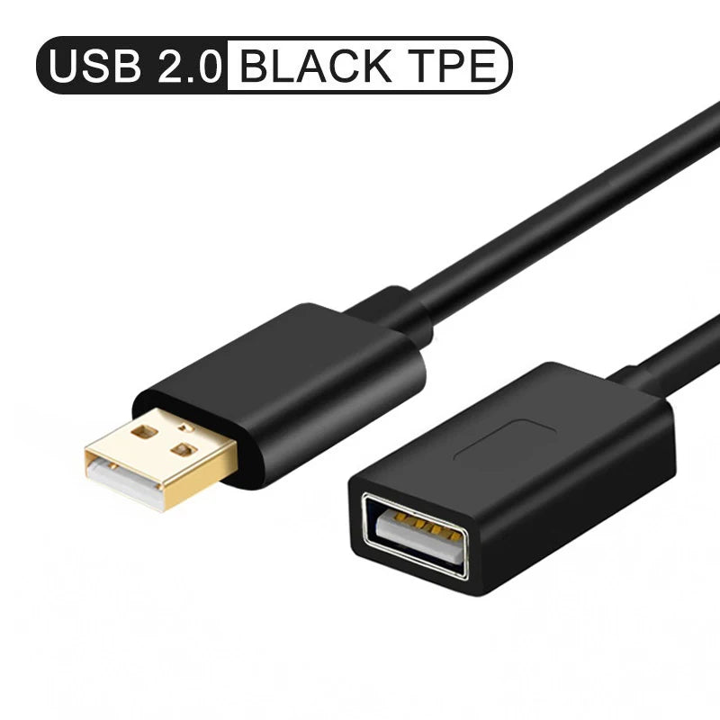 Black USB 2.0 extension cable with a gold-plated male connector on one end and a female connector on the other. Made from black TPE material, showcasing high flexibility.
