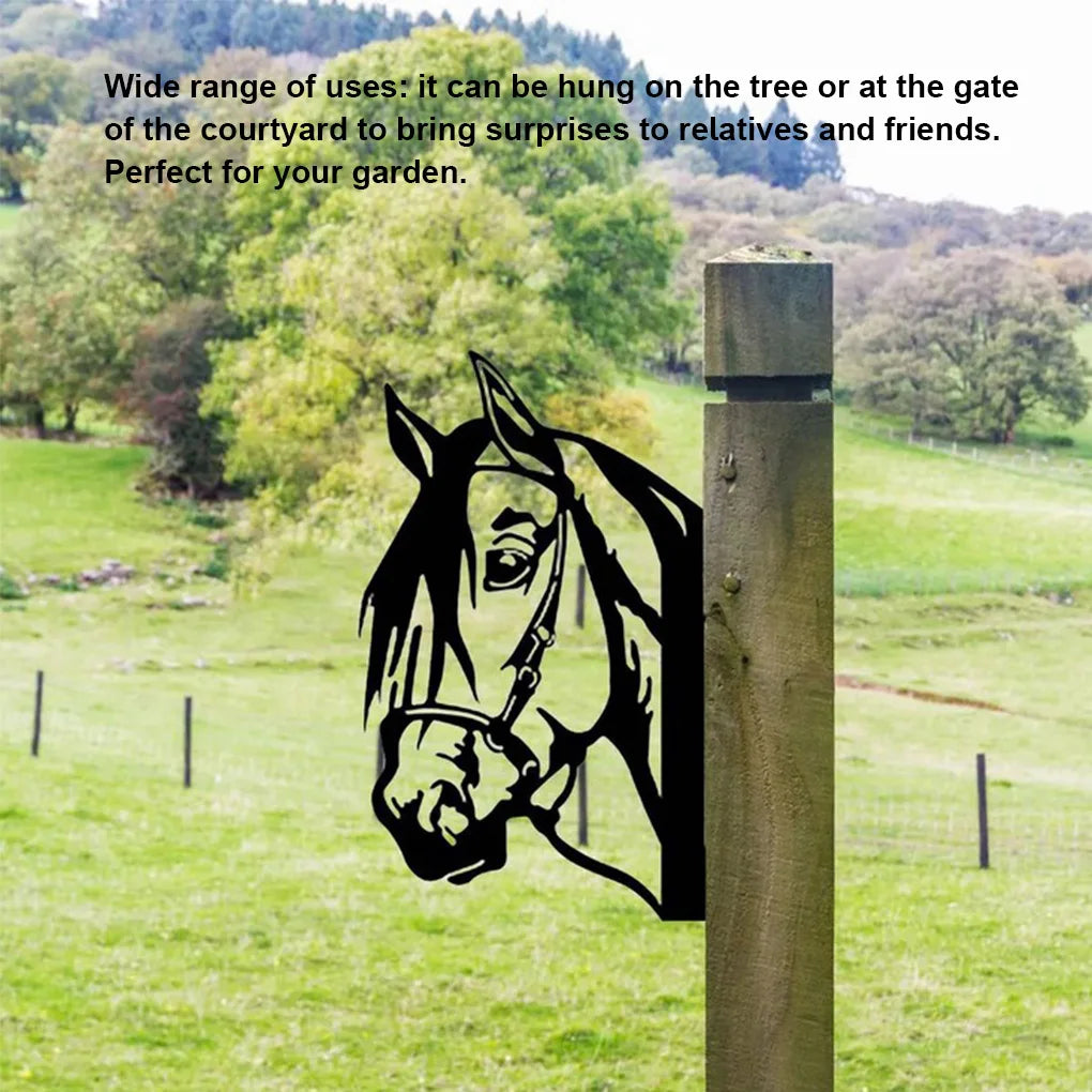 Silhouette of a horse's head mounted on a wooden post in a lush green field with trees in the background. Text promotes its use as a decorative garden surprise.