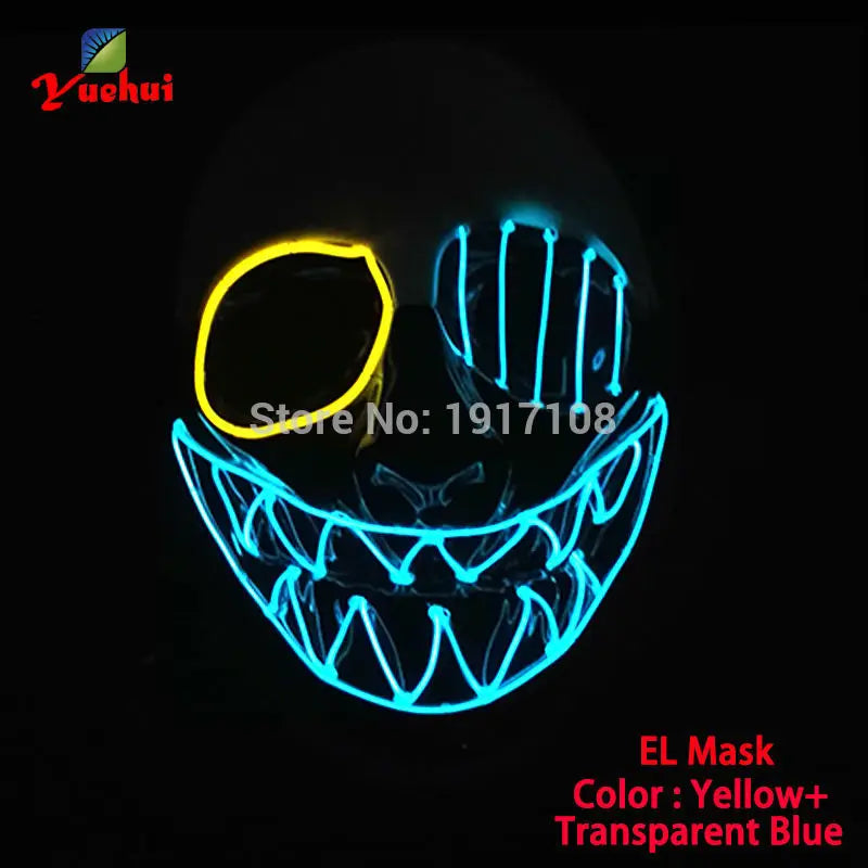 Glowing EL mask with a yellow eye patch and blue grinning teeth design. Text reads "Yuehui" and "Store No: 1917108" with "EL Mask, Color: Yellow+Transparent Blue" in red.
