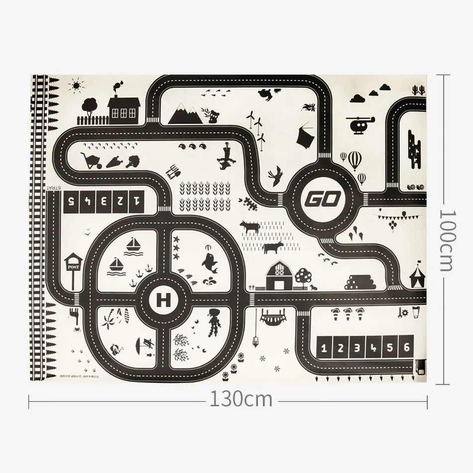 Illustrated play mat measuring 130cm by 100cm features roads, houses, trees, and animals. Includes labeled areas like 'GO' and 'H' with various transport and nature motifs.