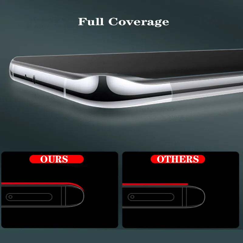 Close-up of a phone screen with a full coverage protector. A comparison shows "Ours" with full edge coverage and "Others" with partial coverage, highlighting differences.