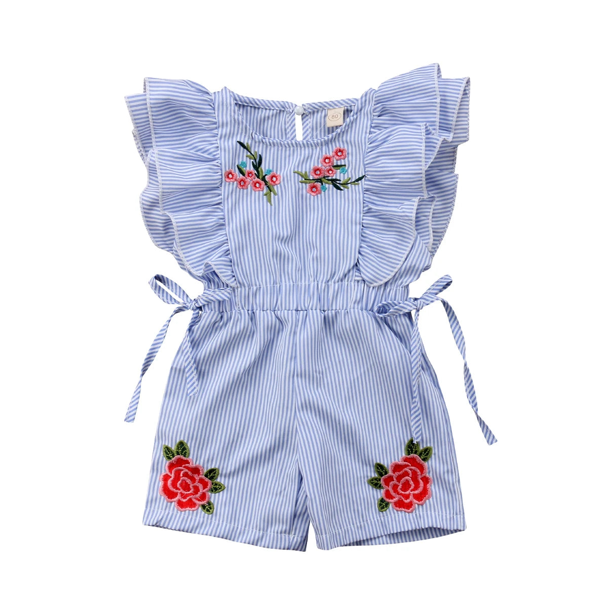 Blue and white striped romper with ruffled sleeves, floral embroidery on the chest and shorts, and tie details at the waist.