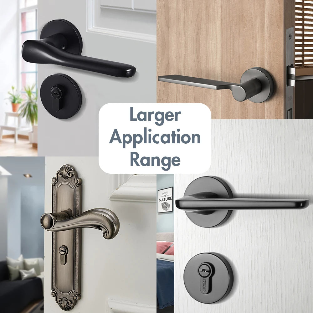 A collage of four stylish door handles in various finishes with the text "Larger Application Range" in the center, showcasing diverse handle designs for different door styles.