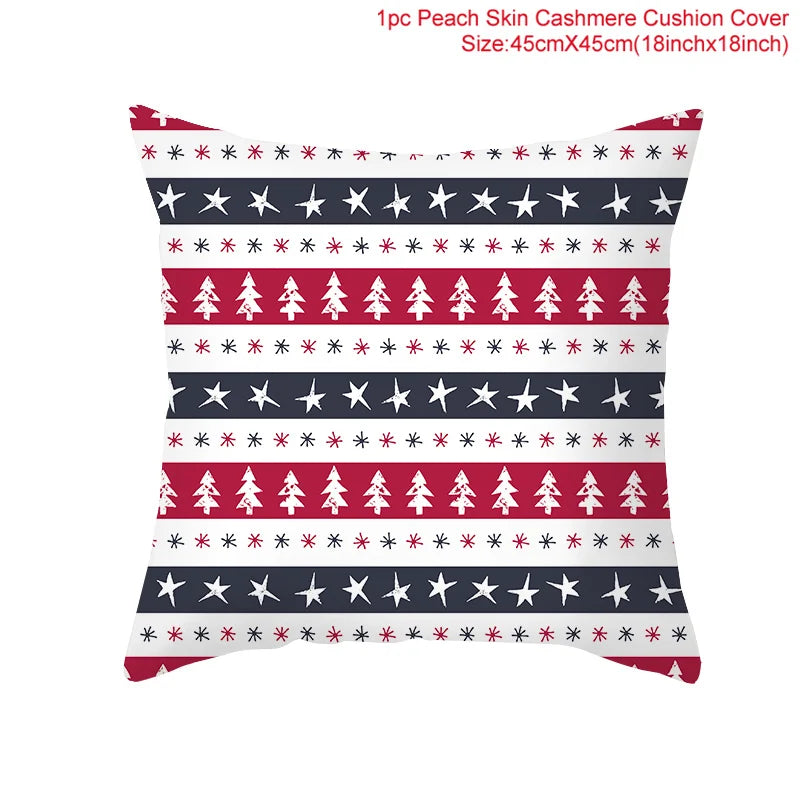 Red and navy striped cushion cover with white stars and tree patterns. The size is 45x45cm (18x18 inches).