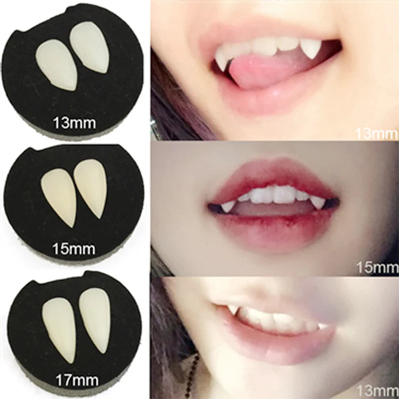 Various sizes of fake vampire fangs (13mm, 15mm, 17mm) are shown on black round holders alongside close-up images of people wearing each size.