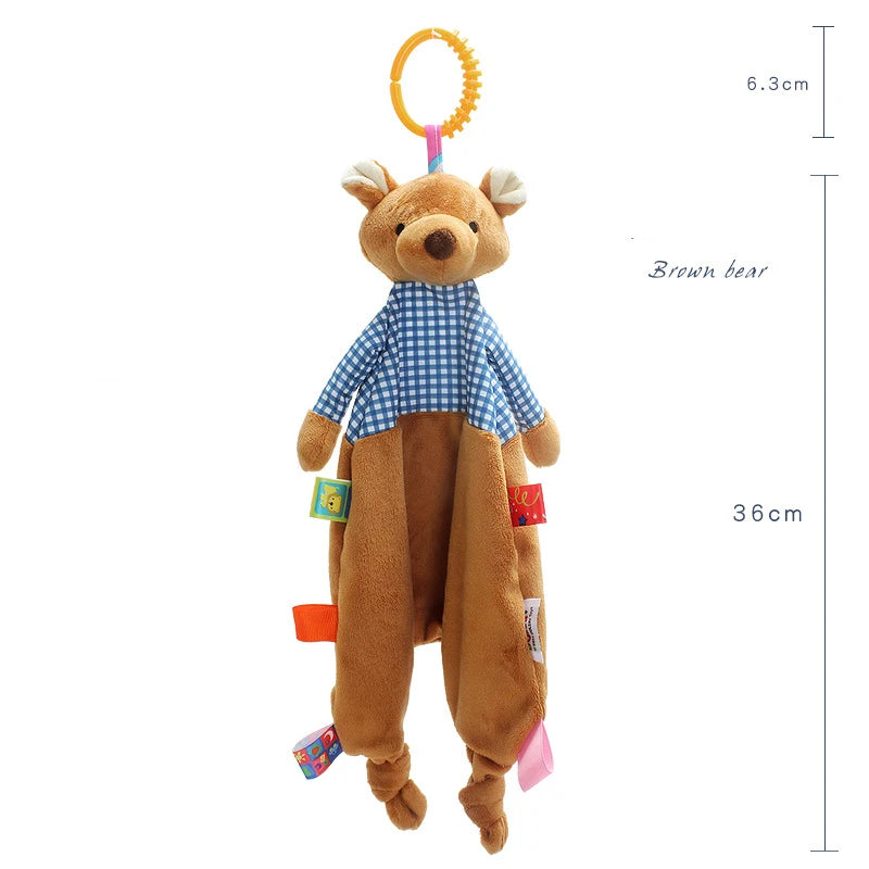 Plush brown bear toy with a blue checkered shirt, orange hanging loop, colorful fabric attachments, and measurements of 6.3 cm by 36 cm.