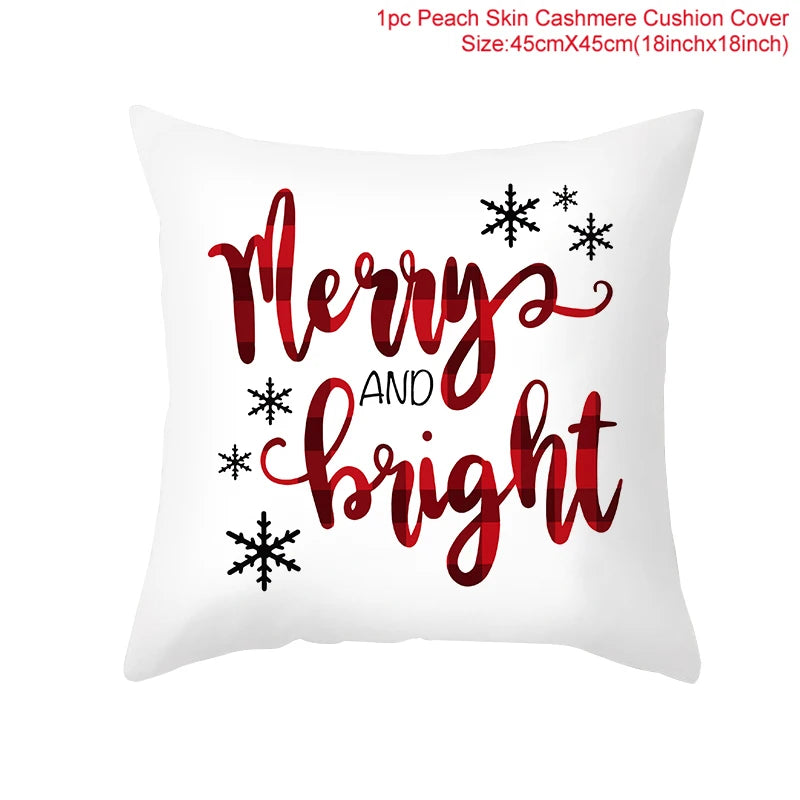 White cushion cover with the phrase "Merry and Bright" in red plaid script, adorned with black snowflakes. Size is 45x45cm (18x18 inches), made of peach skin cashmere.