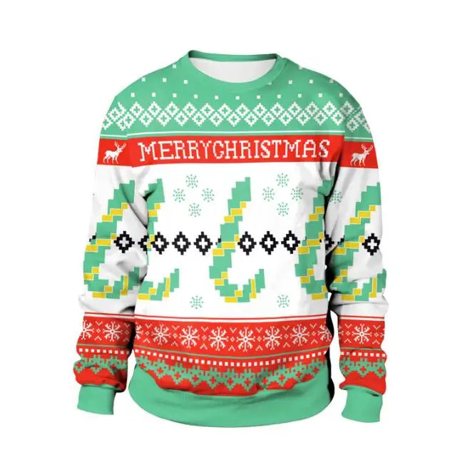 Festive Christmas sweater with "Merry Christmas" text, green and red patterns, pixelated design, reindeer and snowflakes, featuring zigzag shapes and geometric motifs.