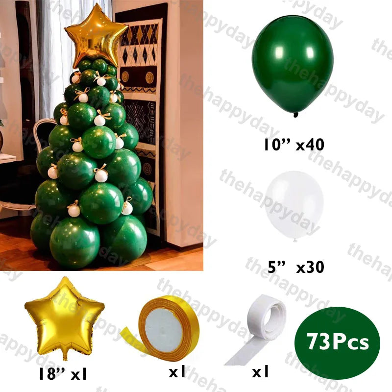 Balloon Christmas tree kit with 40 green 10" balloons, 30 white 5" balloons, an 18" gold star balloon, tape, and ribbon. Total 73 pieces. Star tops the balloon tree.