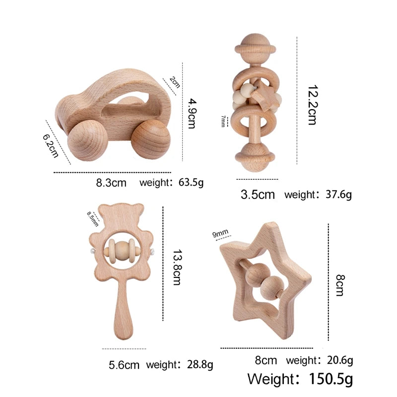 Four wooden toys are shown: a car, a ring rattle, a tree-shaped rattle, and a star. Dimensions and weights are included, totaling 150.5g. Toys are light brown and minimalist.