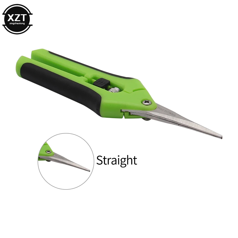 Green and black garden pruning shears with straight, sharp blades. Lock mechanism visible on handle. Circular inset highlights blade detail. Text reads "Straight."