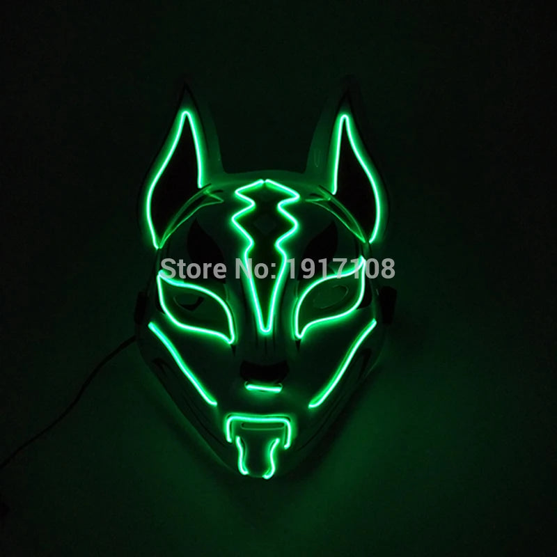 LED mask resembling a fox face with glowing green outlines and intricate patterns, featuring pointed ears and stylized eyes. The background is dark, enhancing the neon effect.
