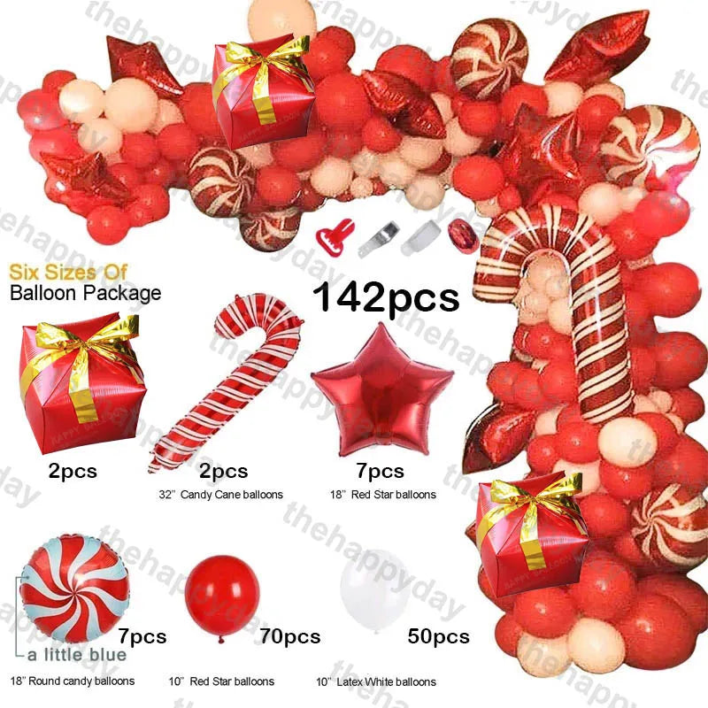 Balloon arrangement with 142 pieces: red and white candy-themed balloons, including candy canes, stars, and swirls. Package details listed for decorative use.