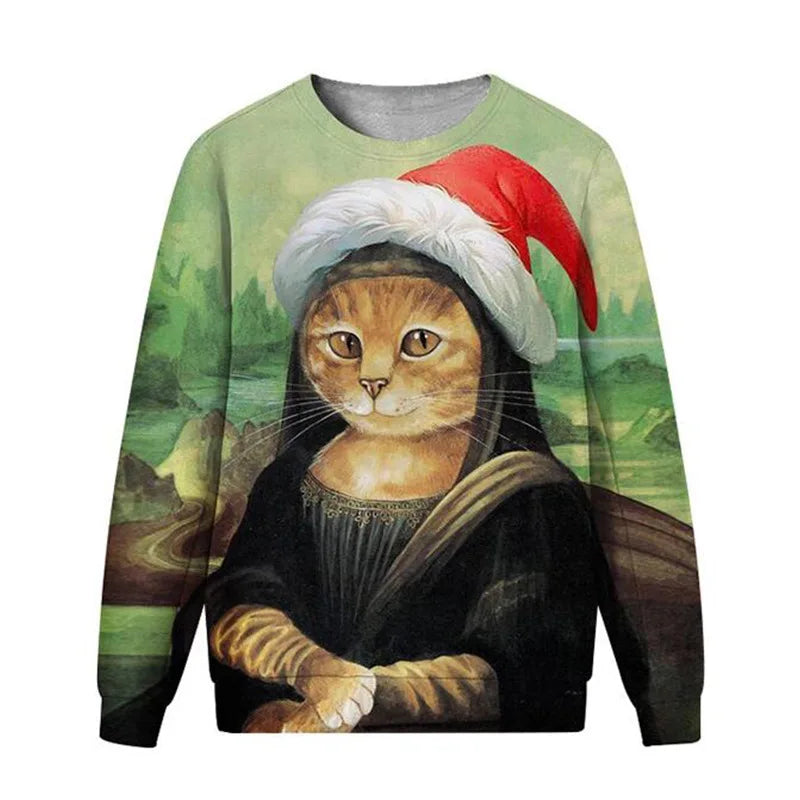 Sweatshirt featuring a whimsical cat portrait inspired by Mona Lisa, wearing a red and white Santa hat, set against a classic landscape background.