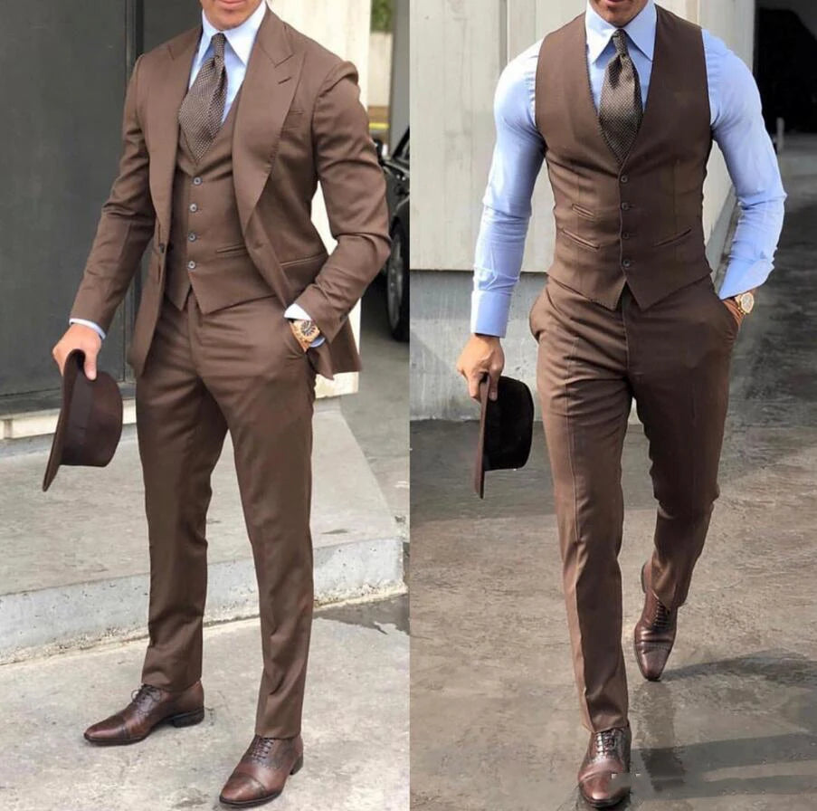 Two images of a man in a brown suit and waistcoat, holding a matching hat. One photo shows him with a jacket, the other without. He wears a blue shirt and brown tie in both.