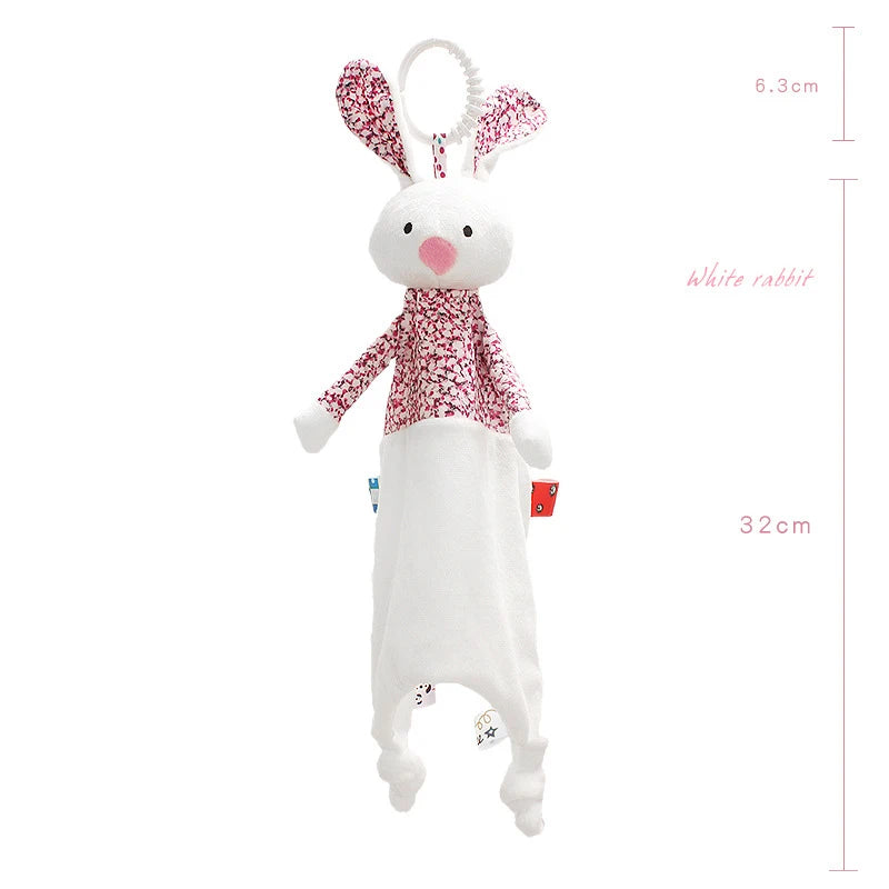 Plush white rabbit toy with pink floral ears and body, long white legs, and multicolored tags. Dimensions: 6.3 cm wide, 32 cm tall. Features a loop for hanging.
