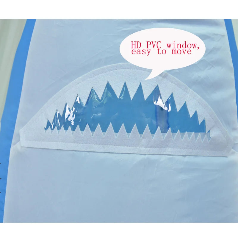 Close-up of a garment featuring a jagged-edged, clear PVC window with the text "HD PVC window, easy to move" in a speech bubble on the fabric above.