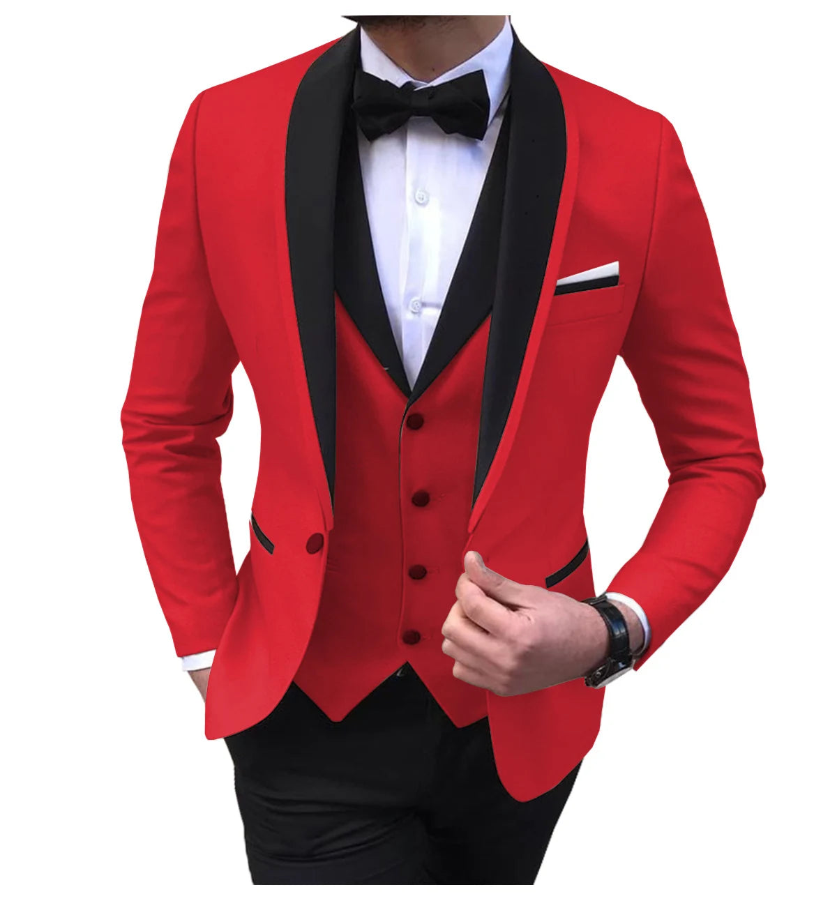 Man in a sharp red tuxedo jacket with black lapels, a matching vest, a white shirt, and a black bow tie. He adjusts his sleeve while wearing a black wristwatch.