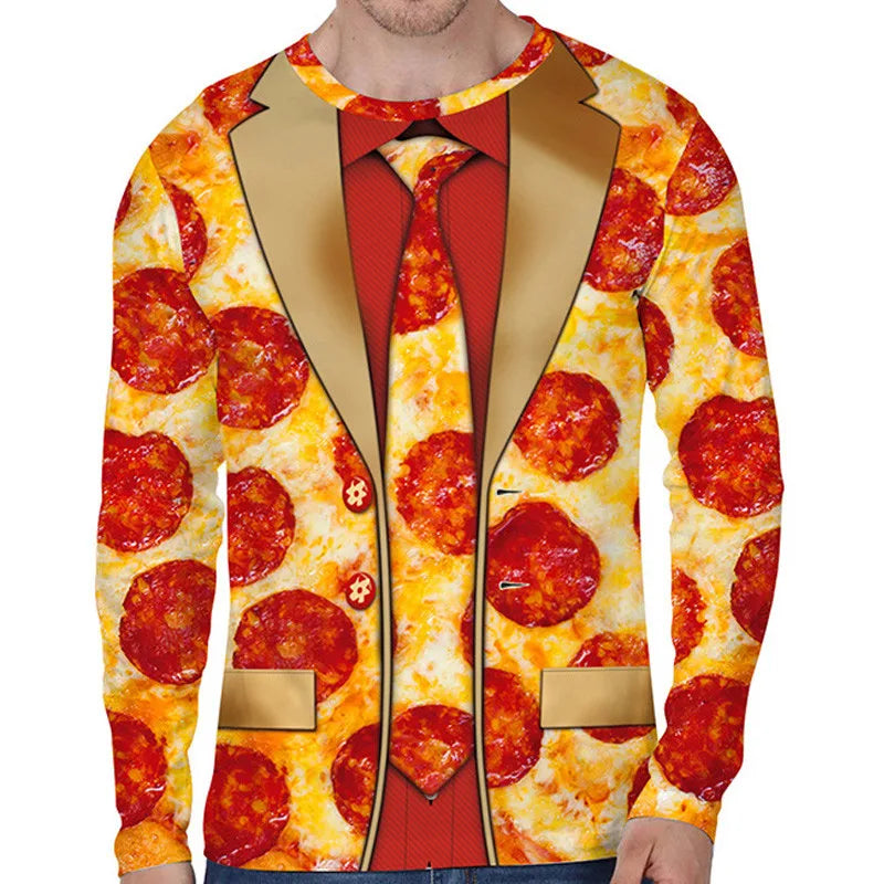 Man wearing a novelty long-sleeve shirt designed to look like a pizza-themed suit with pepperoni and cheese pattern, a faux brown blazer, and red tie print.