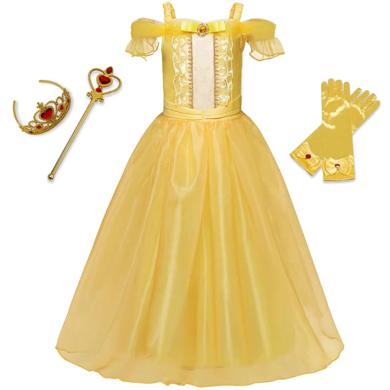 Yellow princess dress set with ruffled sleeves, lace bodice, and full skirt. Includes crown, wand, and gloves adorned with red heart accents.