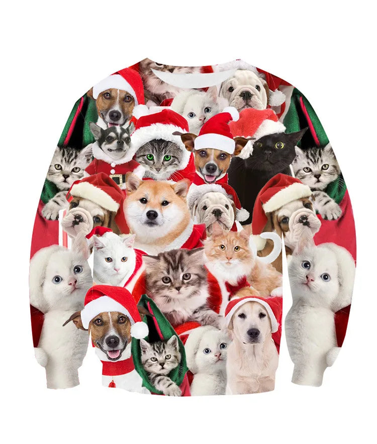 Sweater featuring a collage of cats and dogs in Santa hats and festive attire, set against a red background. The design is playful, showcasing a variety of breeds.