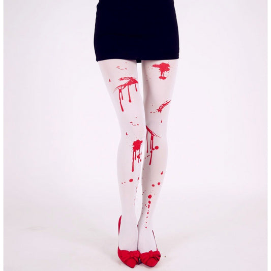 A person wearing a short black skirt and white tights with red paint splatters, paired with red shoes with bows. The background is plain white.