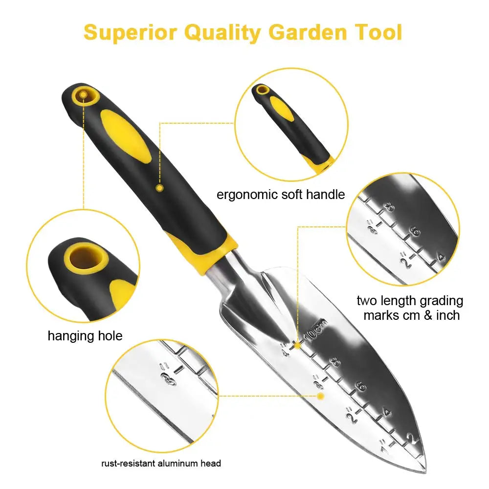 Ergonomic garden trowel with a soft, black and yellow handle, hanging hole, rust-resistant aluminum head, and dual cm/inch measurement markings for precise gardening.
