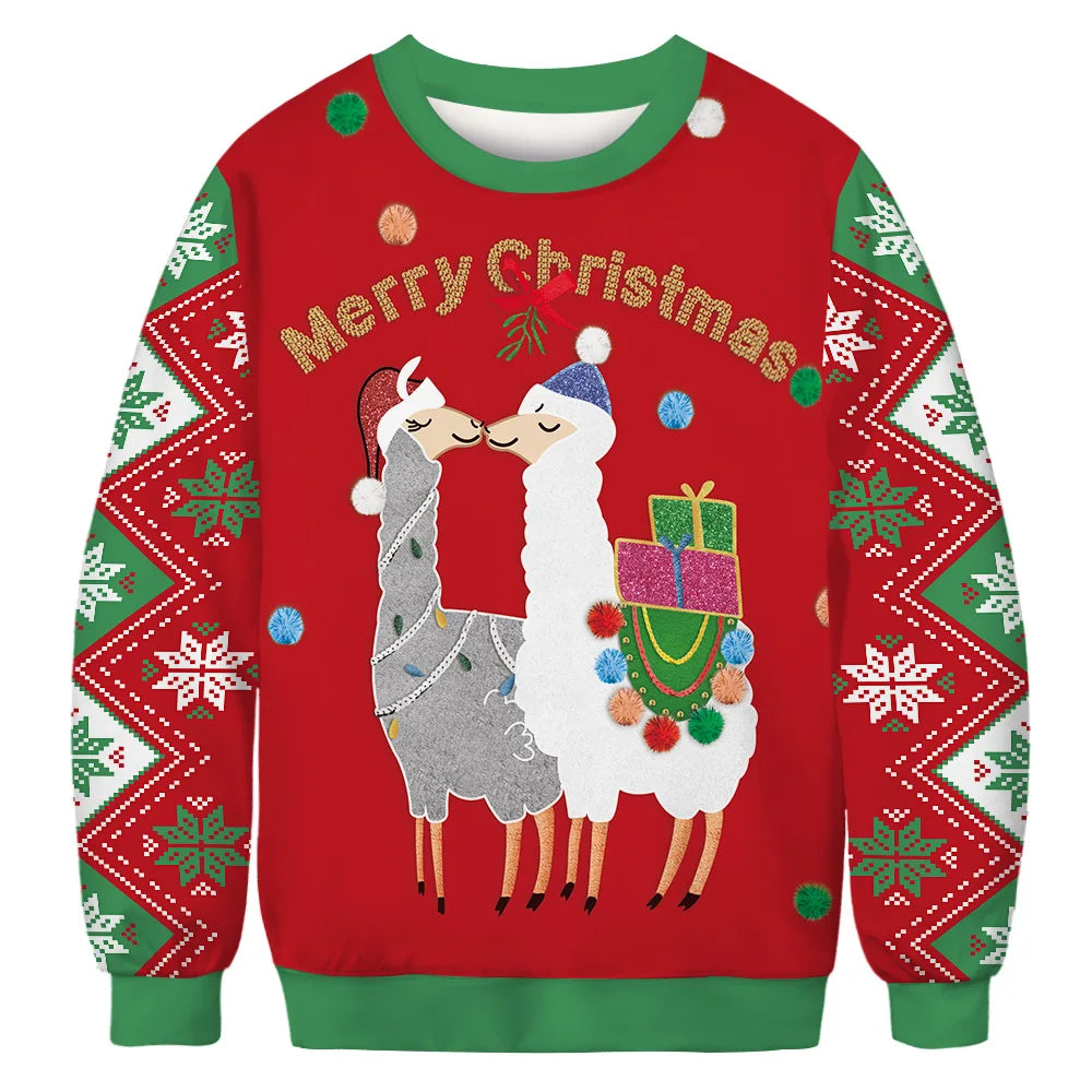 Red Christmas sweater featuring two llamas with hats and scarves, surrounded by colorful pom-poms, gifts, and "Merry Christmas" text. Green and white snowflake patterns on sleeves.