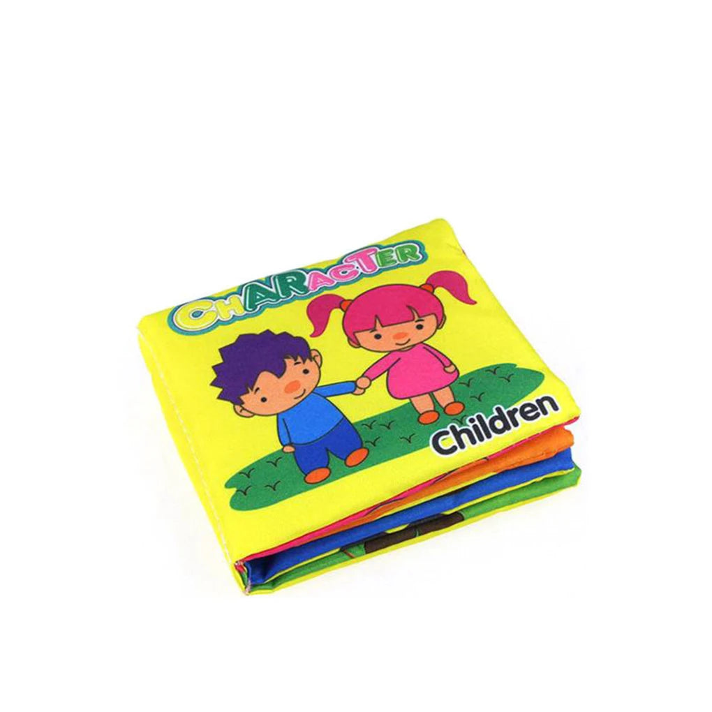 Brightly colored children's cloth book titled "Character" with illustrations of a boy and girl on a yellow cover, holding hands and standing on grass.