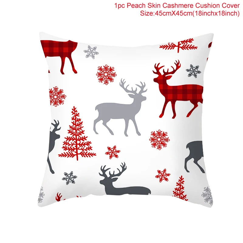 White cushion cover with red plaid and gray reindeer, red snowflakes, and trees. Size indicated as 45x45 cm (18x18 inches).