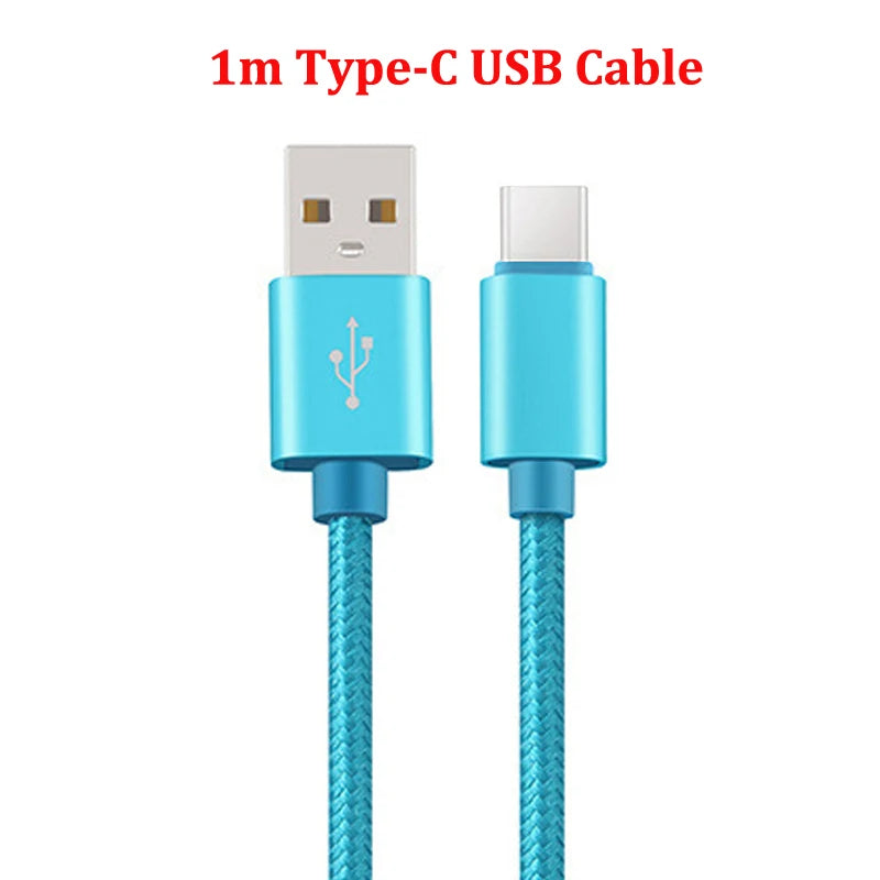 Blue 1m USB Type-C cable with braided texture, featuring a standard USB-A connector on one end and a Type-C connector on the other, displayed against a white background.