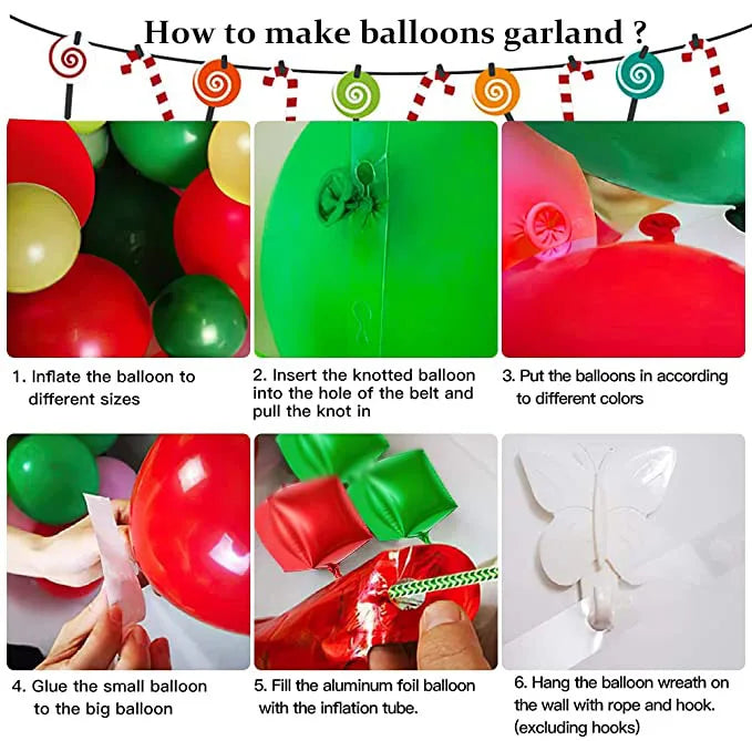 Steps for making a balloon garland: 1) Inflate balloons. 2) Insert knotted balloons into a strip. 3) Arrange by color. 4) Glue smaller balloons. 5) Inflate foil balloons. 6) Hang garland.