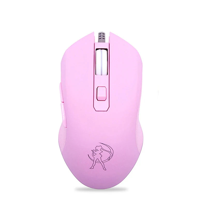 Pink wireless computer mouse with ergonomic design, featuring a central scroll wheel, side button, and a silhouette of an archer printed on the surface.