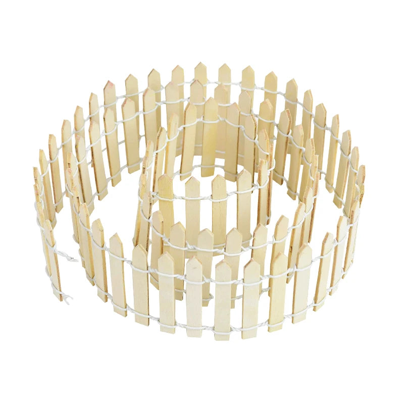 A coiled miniature wooden picket fence with a natural finish, connected by white wire, ideal for crafting or small garden decorations.