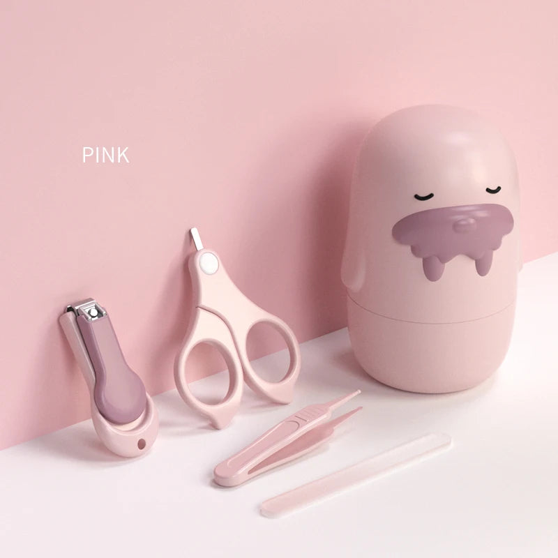 Pink baby grooming set against a pink background, including nail clippers, safety scissors, tweezers, a nail file, and a cute walrus-themed storage container.