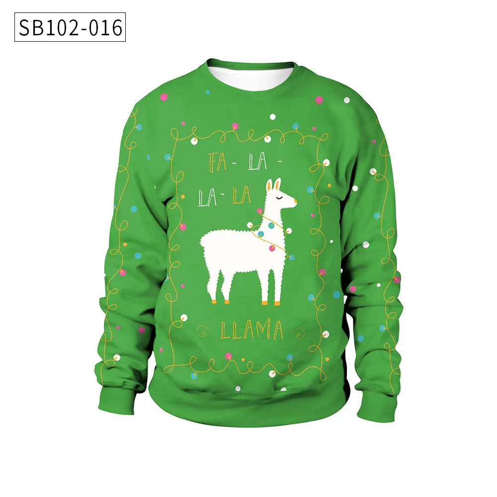 Green sweater featuring a white llama adorned with colorful lights and the phrase "Fa La La La La Llama," surrounded by festive light patterns.