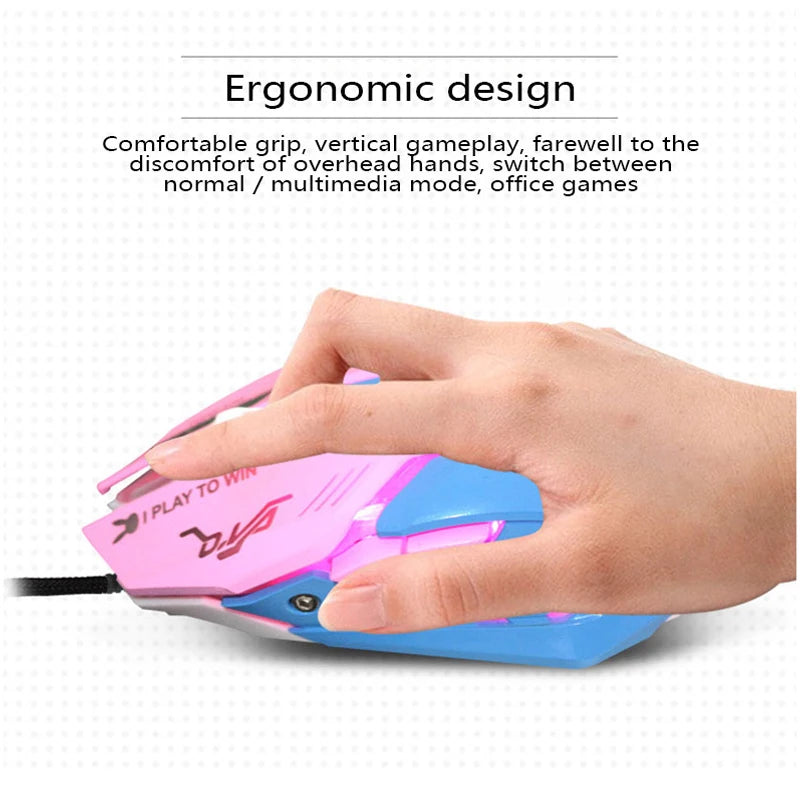 A hand using a pink and blue ergonomic gaming mouse. Text above describes features: comfortable grip, vertical gameplay, and modes for multimedia and office games.